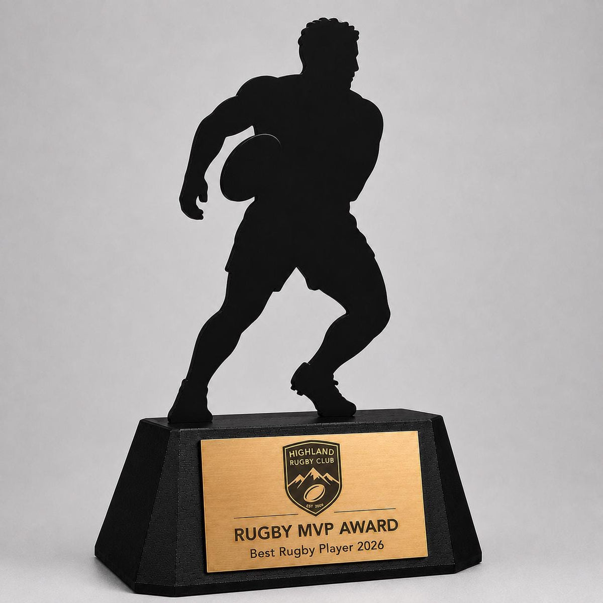 Trofeo Rugby Personalizzato - Statuetta Sagoma Giocatore in Plexiglas Nero - Base Opaca Stampata 3D Premio MVP e Miglior Giocatore