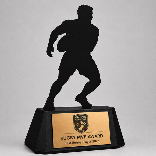 Trofeo Rugby Personalizzato - Statuetta Sagoma Giocatore in Plexiglas Nero - Base Opaca Stampata 3D Premio MVP e Miglior Giocatore