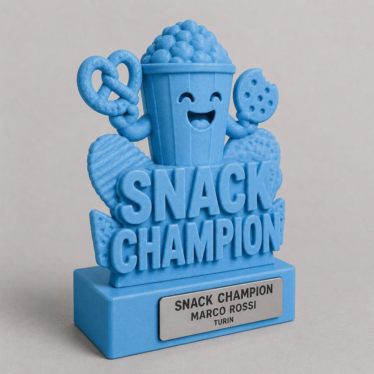 Regalo Divertente Amici, Statuetta Trofeo "Snack Champion", Decorazione 3D Popcorn Pretzel e Biscotto, Idea Regalo Simpatica Amanti del Cibo