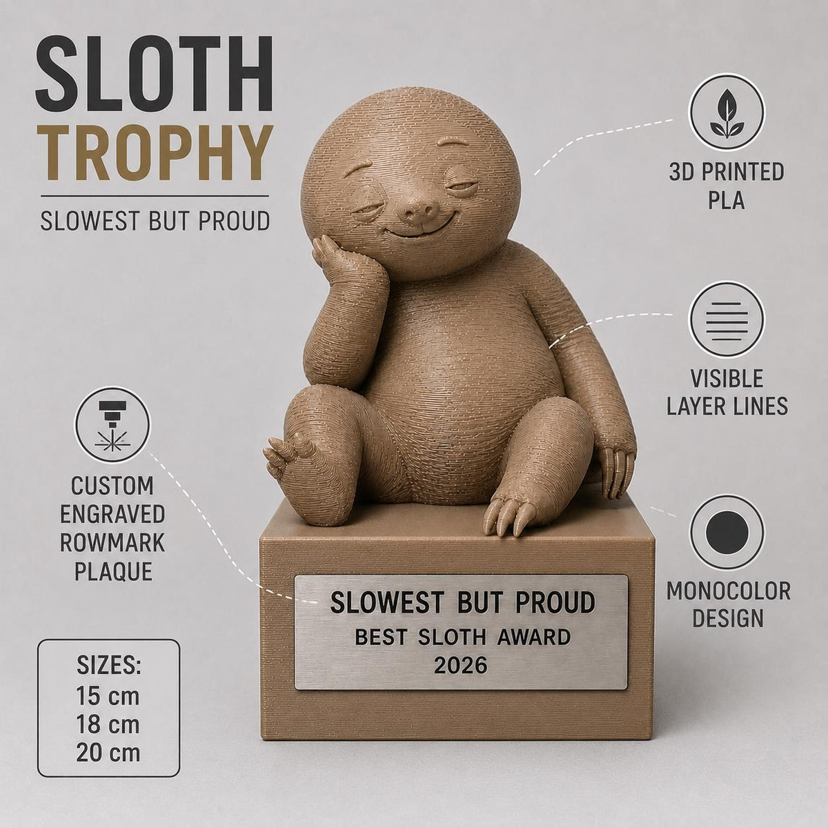 Regalo Divertente Amici, Statuetta Trofeo Bradipo "Slowest But Proud", Decorazione 3D Ultimo Classificato, Premio Simpatico per il Più Pigro