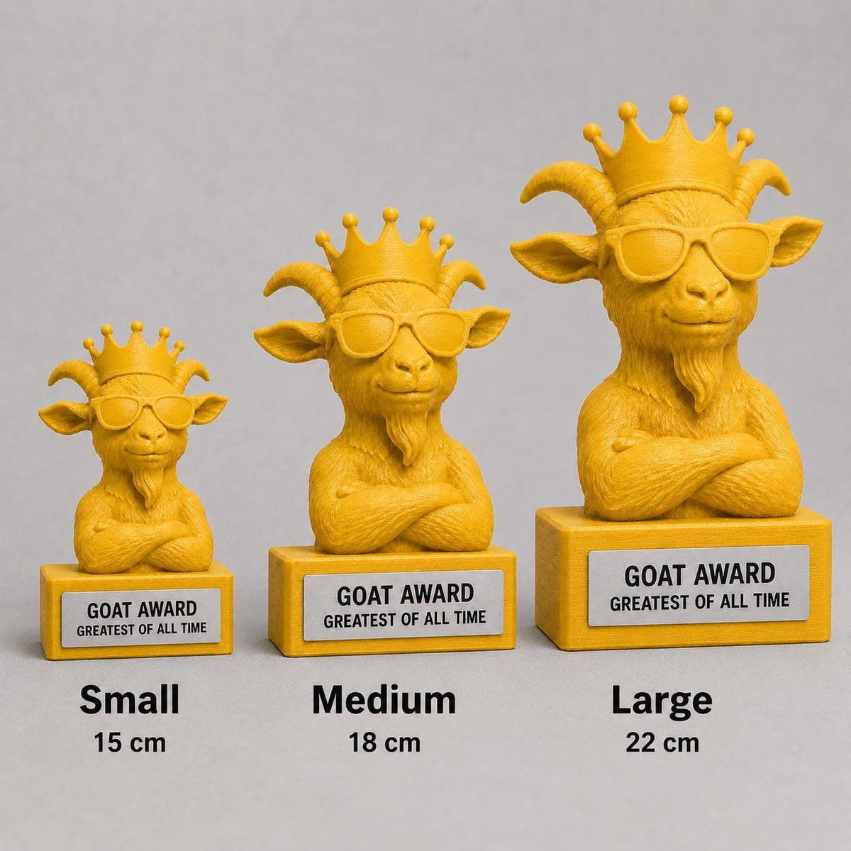 Regalo Divertente Amici, Statuetta Trofeo G.O.A.T. "Goat Award Greatest Of All Time", Capra con Corona e Occhiali, Premio Migliore di Sempre