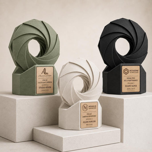 Trofeo personalizzato stampato in 3D con inserto in legno inciso premio aziendale design leadership team
