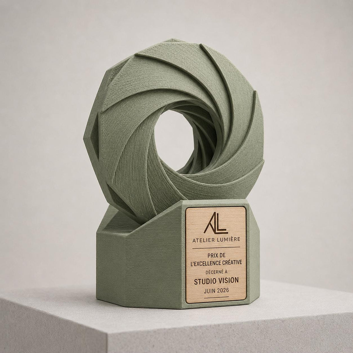 Trofeo personalizzato stampato in 3D con inserto in legno inciso premio aziendale design leadership team