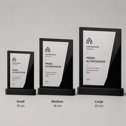 Trofeo Aziendale Personalizzato - Premio Rettangolare in Plexiglas Lucido - Base Nera Stampata 3D e Targa Asimmetrica Effetto Acciaio