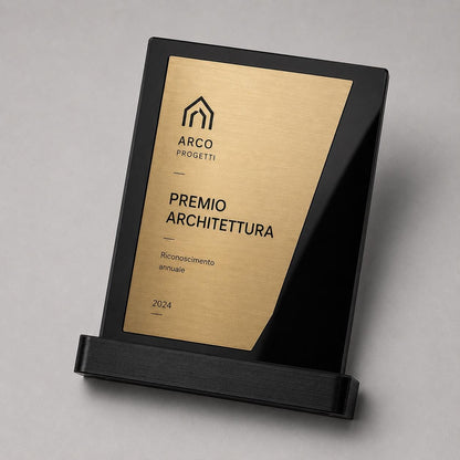 Trofeo Aziendale Personalizzato - Premio Rettangolare in Plexiglas Lucido - Base Nera Stampata 3D e Targa Asimmetrica Effetto Acciaio
