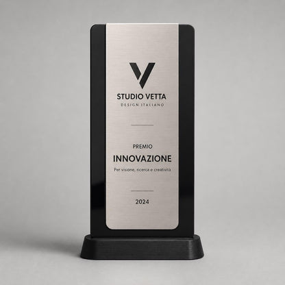 Trofeo Aziendale Personalizzato - Premio Rettangolare stretto in Plexiglas Lucido Base Nera Stampata 3D e Targa Asimmetrica Effetto Acciaio