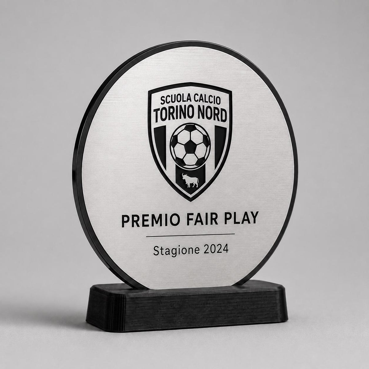 Trofeo Aziendale Personalizzato - Premio Rettangolare tondo in Plexiglas Lucido Base Nera Stampata 3D e Targa Asimmetrica Effetto Acciaio