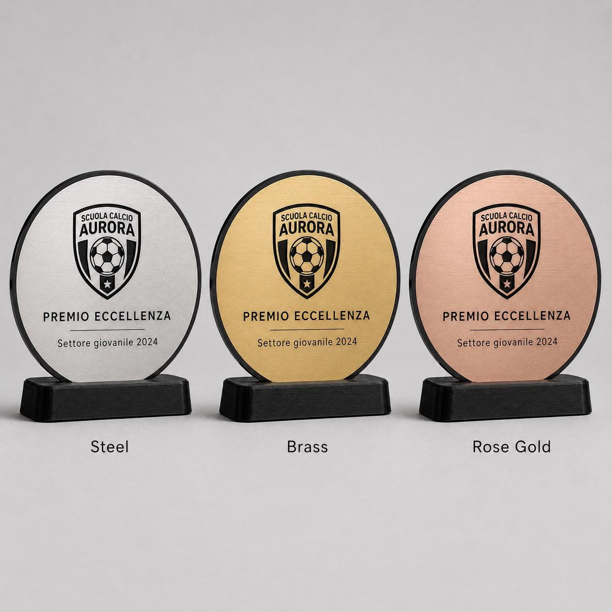 Trofeo Aziendale Personalizzato - Premio Rettangolare tondo in Plexiglas Lucido Base Nera Stampata 3D e Targa Asimmetrica Effetto Acciaio