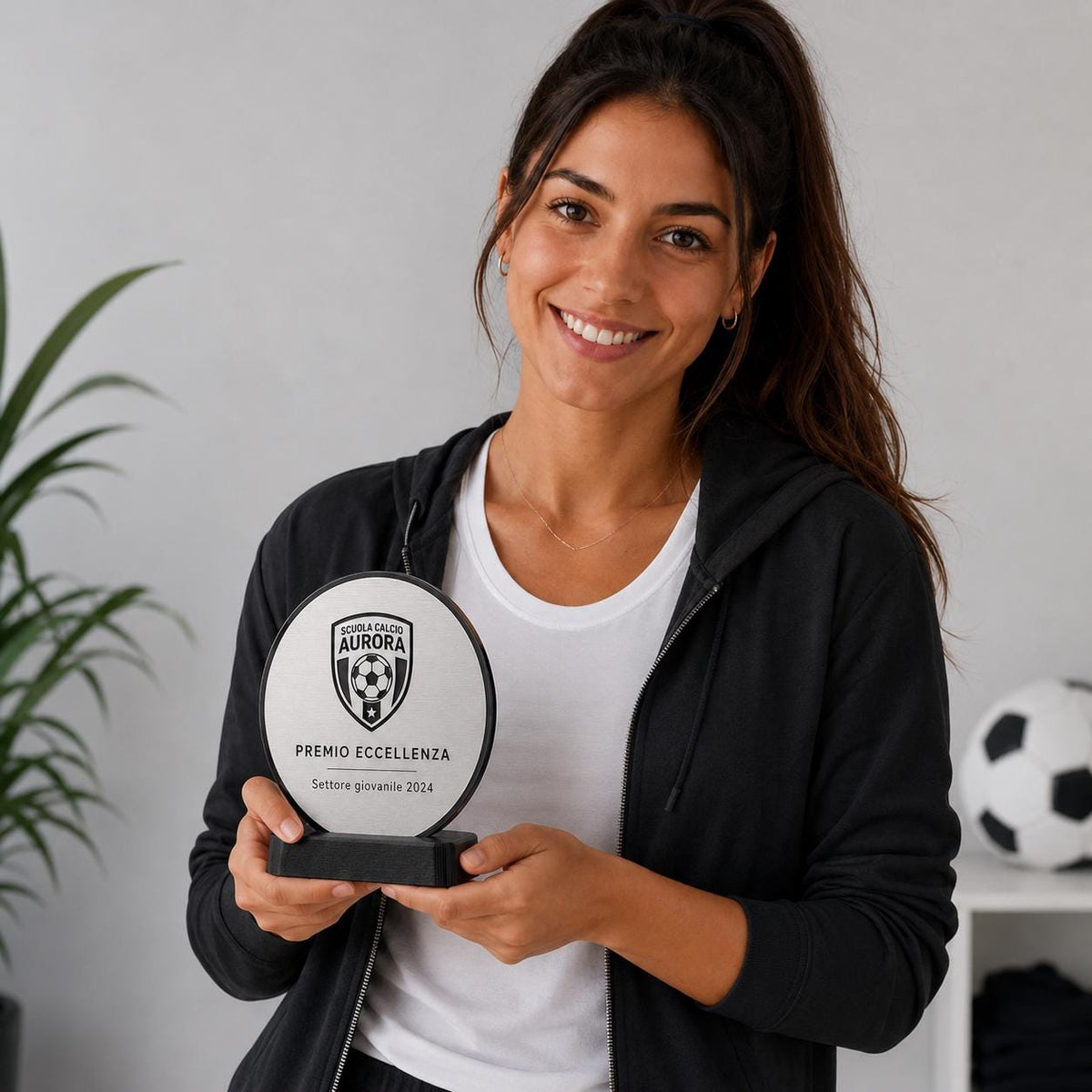 Trofeo Aziendale Personalizzato - Premio Rettangolare tondo in Plexiglas Lucido Base Nera Stampata 3D e Targa Asimmetrica Effetto Acciaio