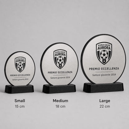 Trofeo Aziendale Personalizzato - Premio Rettangolare tondo in Plexiglas Lucido Base Nera Stampata 3D e Targa Asimmetrica Effetto Acciaio