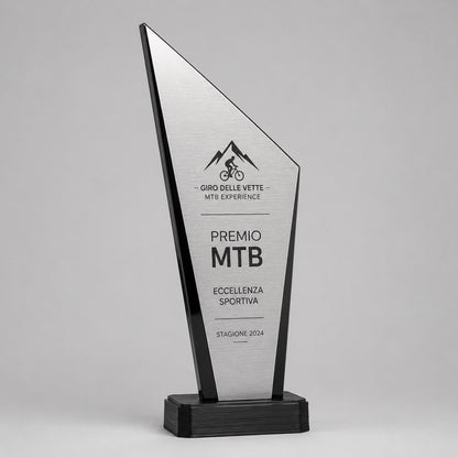 Trofeo Aziendale Personalizzato - Premio a vela in Plexiglas Lucido Base Nera Stampata 3D e Targa vela Effetto Acciaio