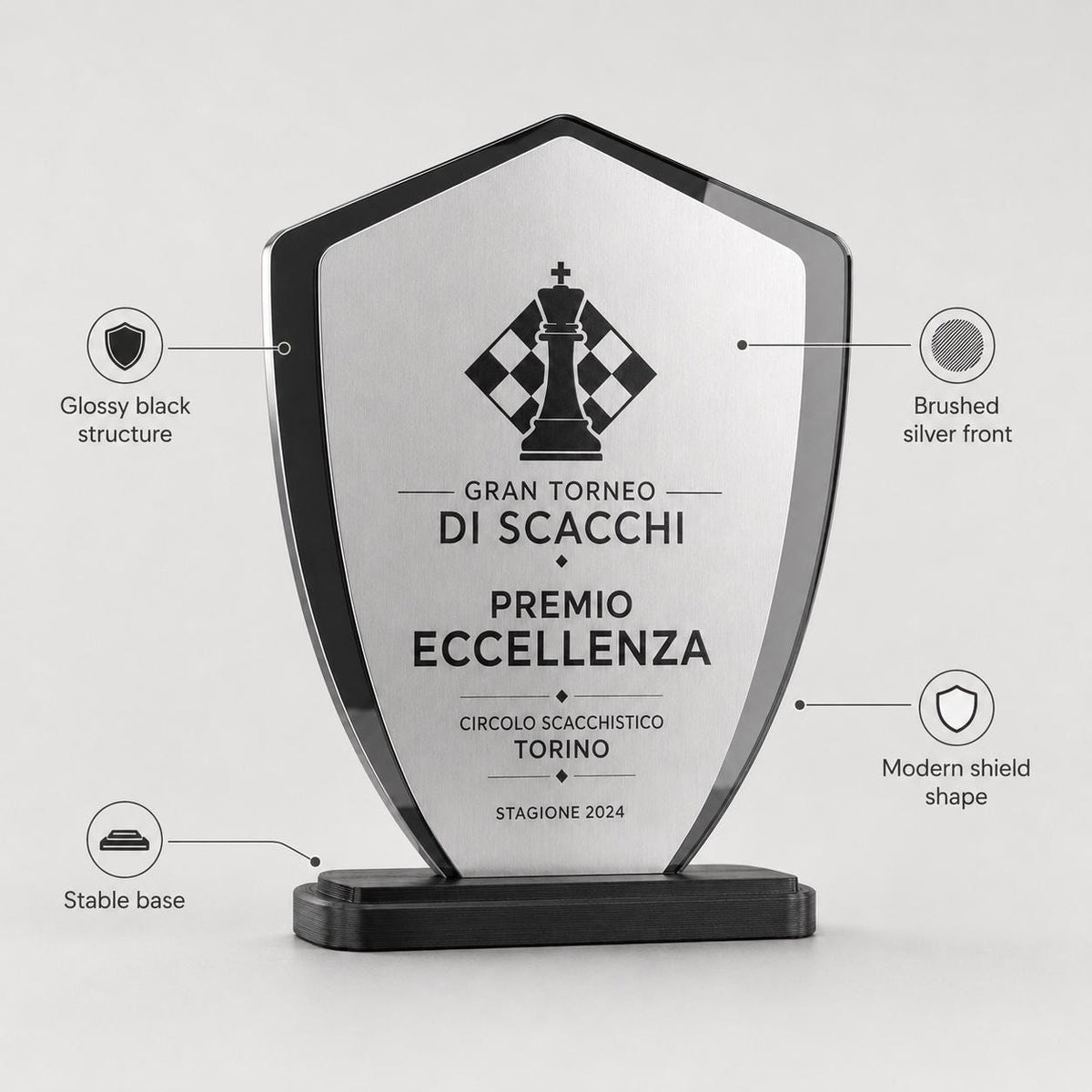 Trofeo Aziendale Personalizzato - Premio scudetto in Plexiglas Lucido Base Nera Stampata 3D e Targa vela Effetto Acciaio