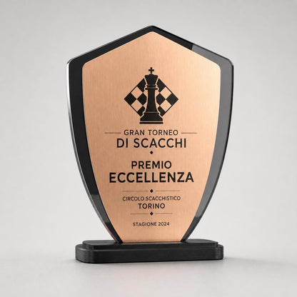 Trofeo Aziendale Personalizzato - Premio scudetto in Plexiglas Lucido Base Nera Stampata 3D e Targa vela Effetto Acciaio