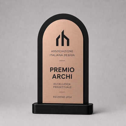 Trofeo Aziendale Personalizzato - Premio arco in Plexiglas Lucido Base Nera Stampata 3D e Targa vela Effetto Acciaio