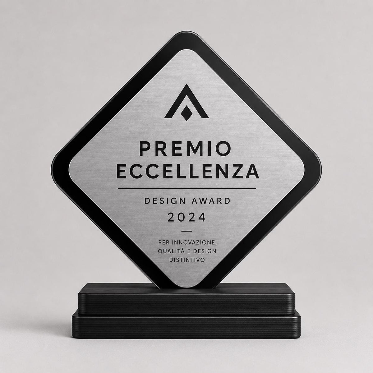 Targa Aziendale rombo Personalizzato - Targa in Plexiglas Lucido Base Nera Stampata 3D Effetto Acciaio