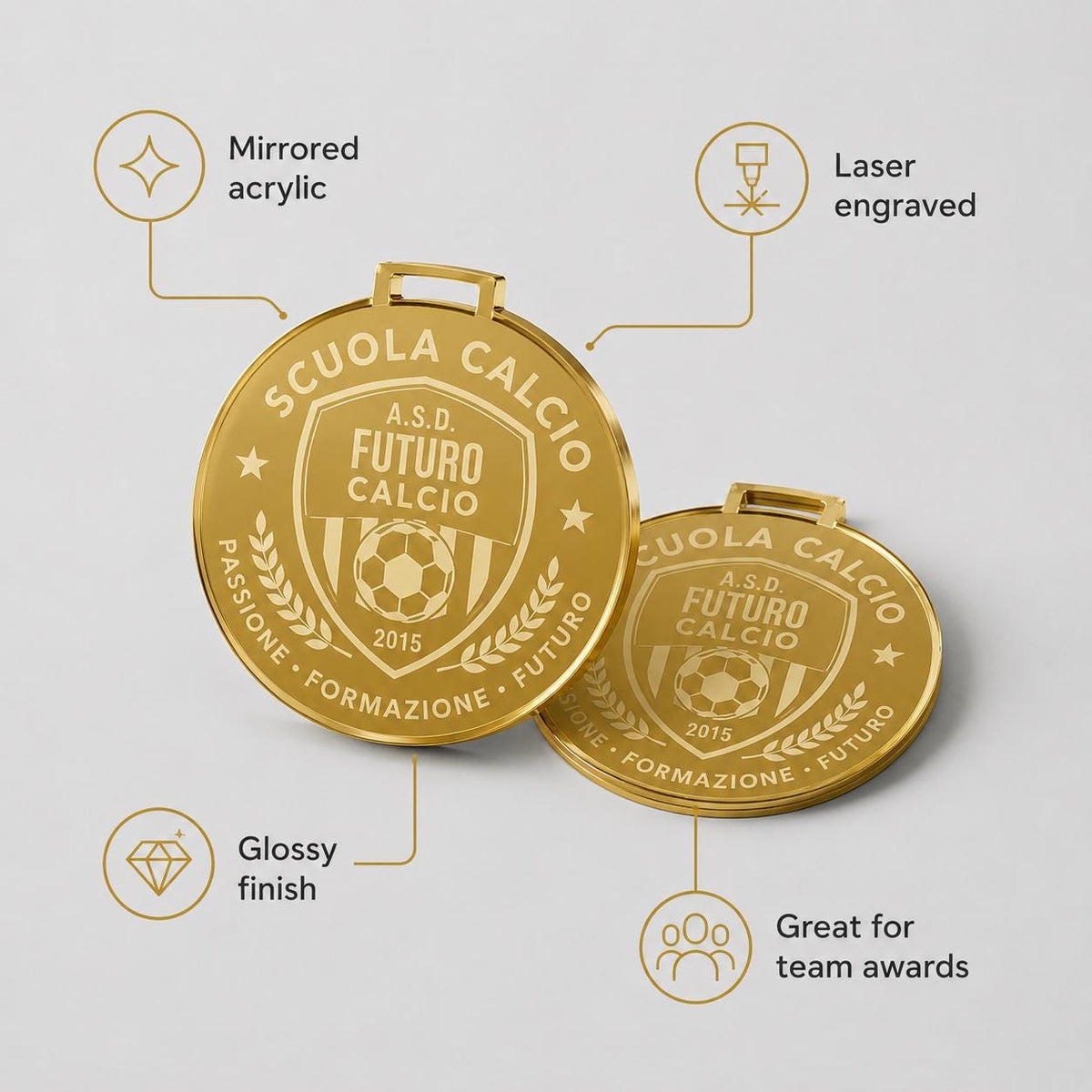 Medaglia in plexiglas specchiato color oro – Incisione su Misura misura 7x7cm medaglia personalizzata con incisione laser eventi sportivi