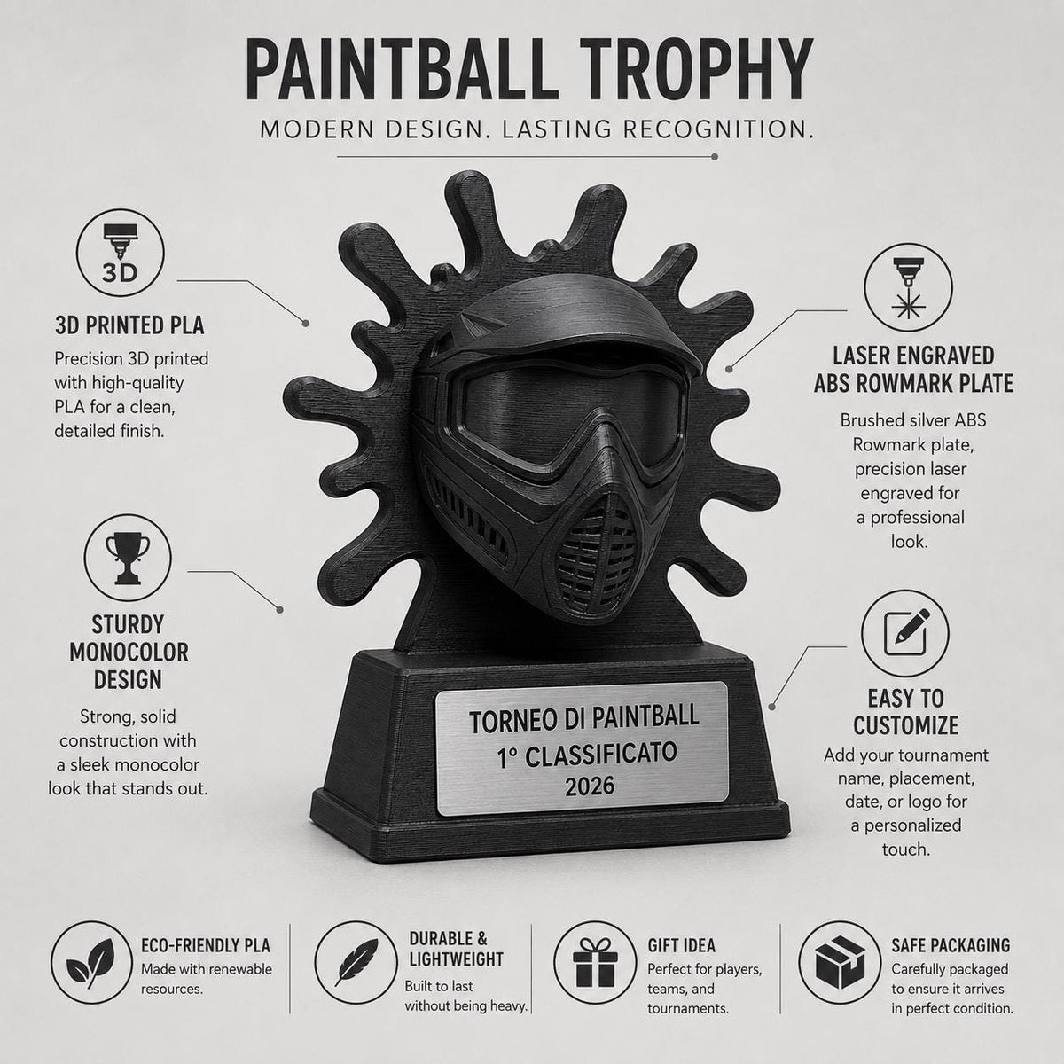 Trofeo Paintball Personalizzato - Statuetta Maschera e Schizzo di Vernice Stampata - Base con Targa Effetto Acciaio Spazzolato Incisa