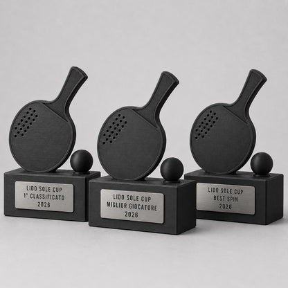 Trofeo ping pong personalizzato con racchetta, pallina e targhetta incisa