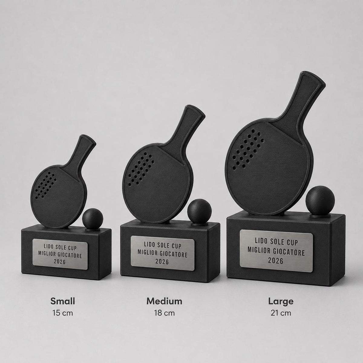 Trofeo ping pong personalizzato con racchetta, pallina e targhetta incisa