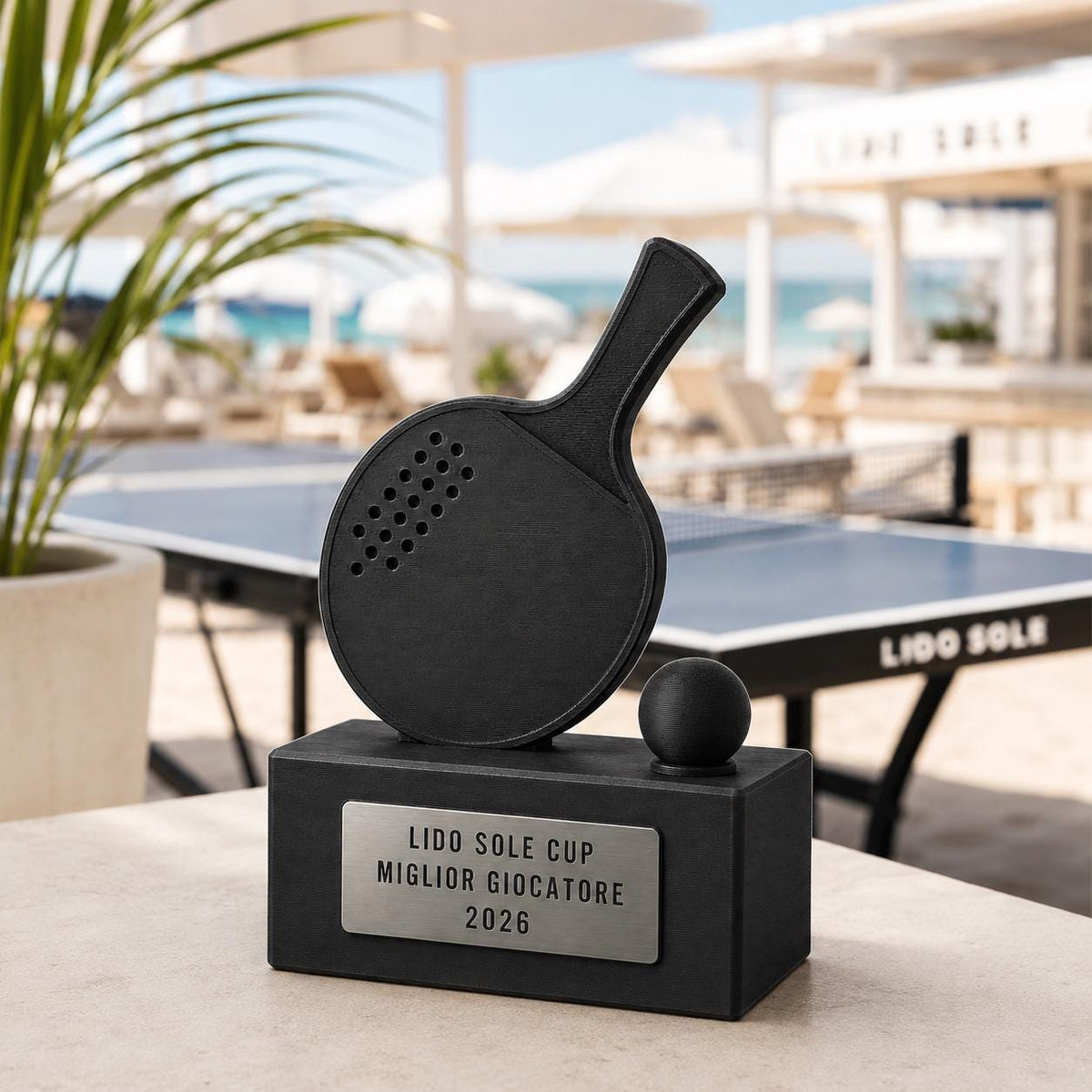 Trofeo ping pong personalizzato con racchetta, pallina e targhetta incisa