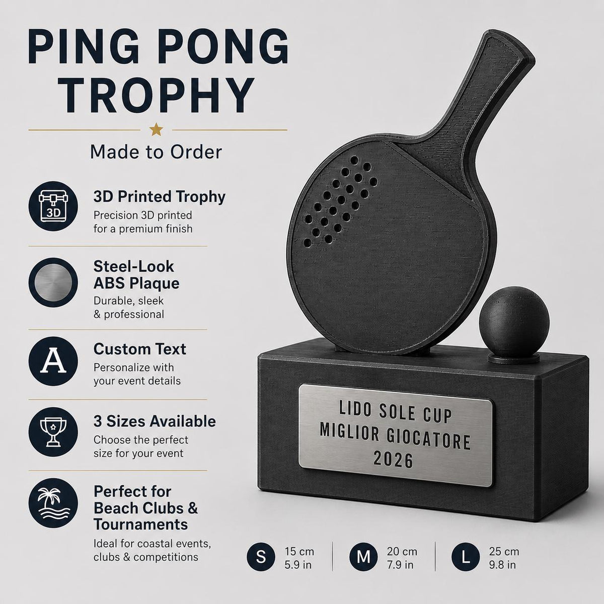 Trofeo ping pong personalizzato con racchetta, pallina e targhetta incisa