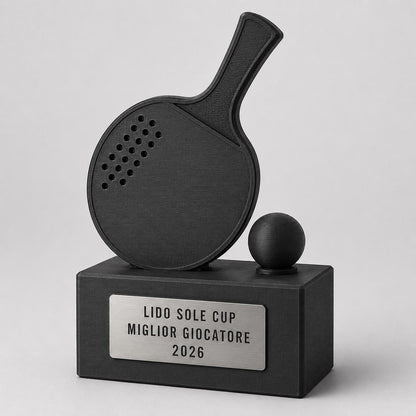 Trofeo ping pong personalizzato con racchetta, pallina e targhetta incisa