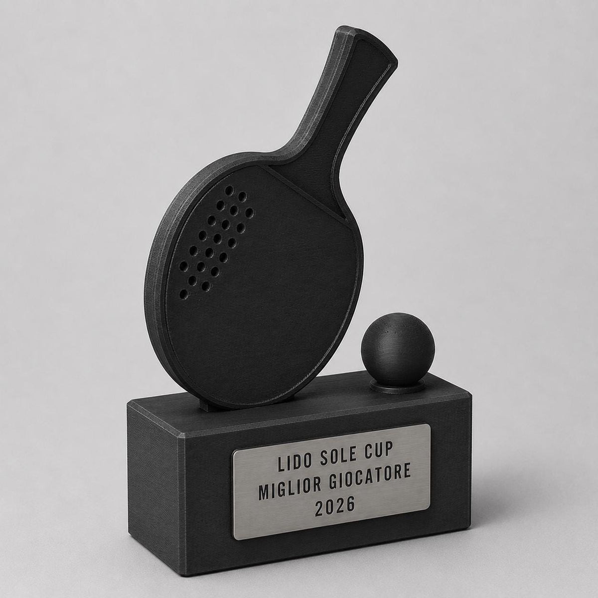 Trofeo ping pong personalizzato con racchetta, pallina e targhetta incisa