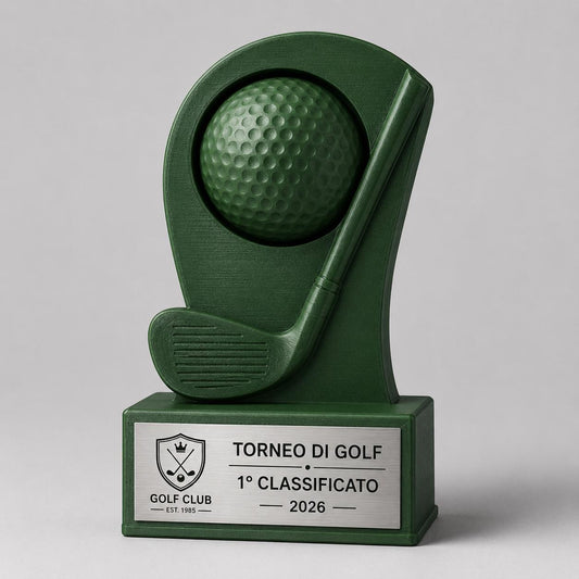 Trofeo Golf Personalizzato - Statuetta Mazza e Pallina Stampata 3D e Acciaio Spazzolato Premio Torneo e Campionato Golf Club 2026