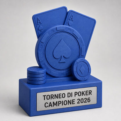 Trofeo Poker Personalizzato - Statuetta Fiche e Assi Stampata 3D - Base Targa Acciaio Spazzolato Incisa a Laser Premio Torneo Texas Hold'em