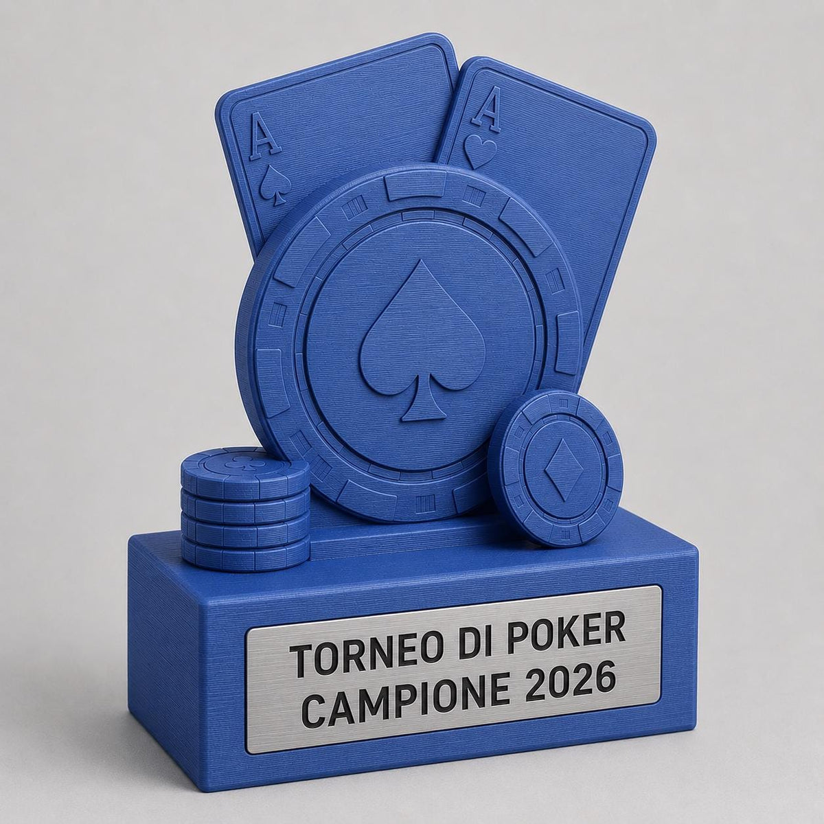 Trofeo Poker Personalizzato - Statuetta Fiche e Assi Stampata 3D - Base Targa Acciaio Spazzolato Incisa a Laser Premio Torneo Texas Hold'em