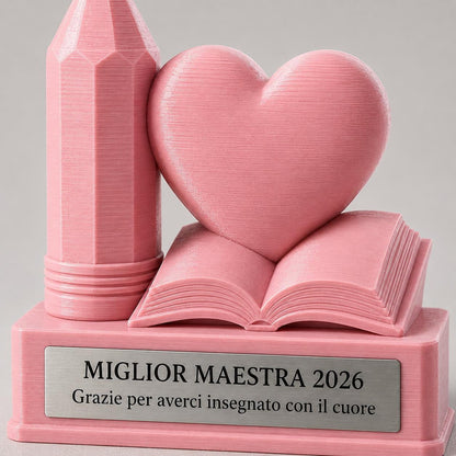 Trofeo Regalo Maestra Personalizzato - Statuetta Matita Cuore e Libro Stampata 3D- Premio Regalo Fine Anno Scolastico 2026