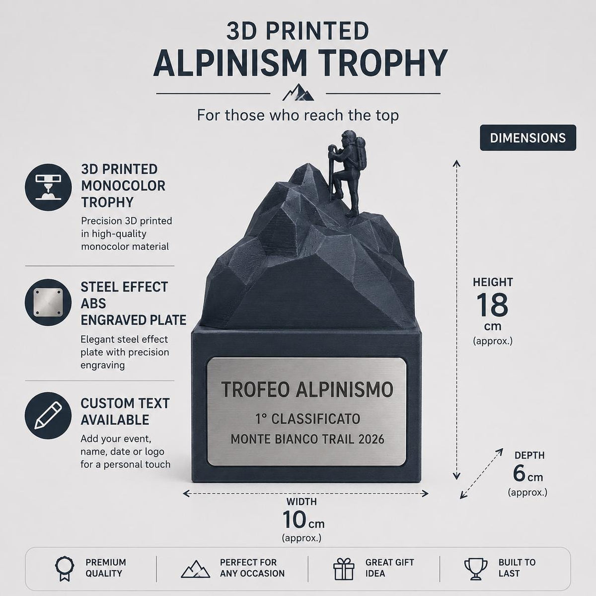 Trofeo alpinismo e Montagna in 3D | Premio montagna scalata Personalizzato | Targa Acciaio Incisa Gara Invernale Club