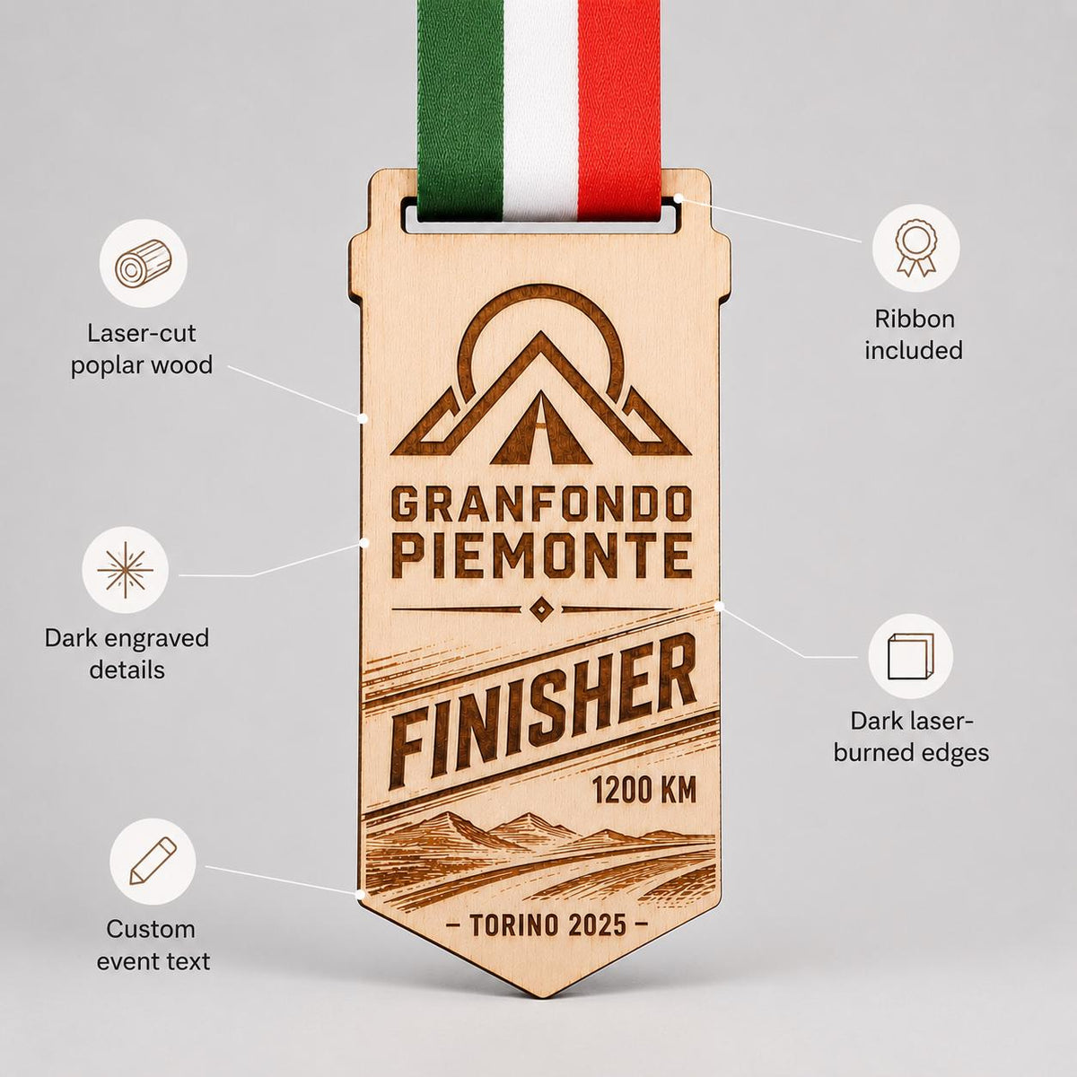 Medaglia Finisher Legno Personalizzata - Premio Gara Ciclismo Granfondo -Medaglia Corsa e Maratona Incisa a Laser Sostenibile