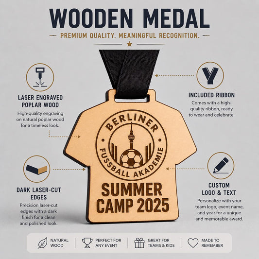 Medaglia calcio a forma di maglietta in Legno Personalizzata - Premio summer camp -Medaglia Incisa a Laser Sostenibile