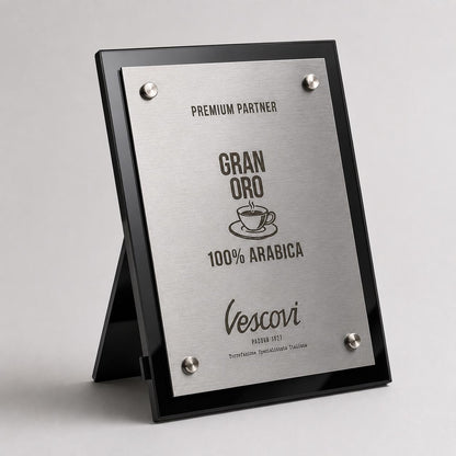 Targa Espositore Premium Partner Personalizzata Piastra Effetto oro rosa Spazzolato con Borchie Cromate - Insegna da Banco per Bar e Negozi