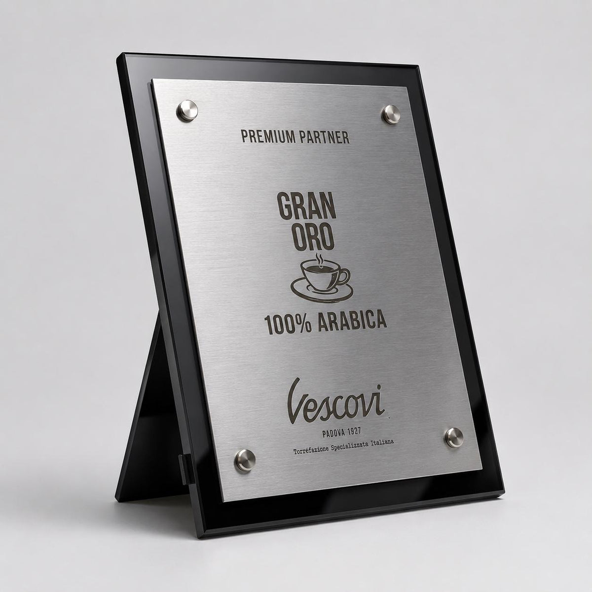 Targa Espositore Premium Partner Personalizzata Piastra Effetto oro rosa Spazzolato con Borchie Cromate - Insegna da Banco per Bar e Negozi