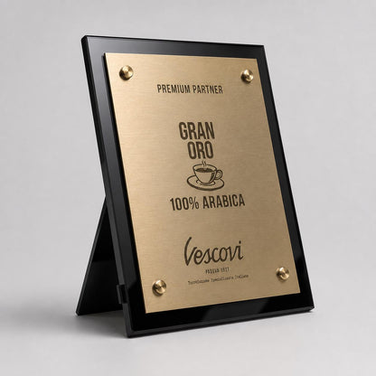 Targa Espositore Premium Partner Personalizzata Piastra Effetto oro rosa Spazzolato con Borchie Cromate - Insegna da Banco per Bar e Negozi