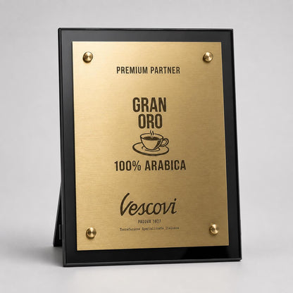 Targa Espositore Premium Partner Personalizzata Piastra Effetto oro rosa Spazzolato con Borchie Cromate - Insegna da Banco per Bar e Negozi