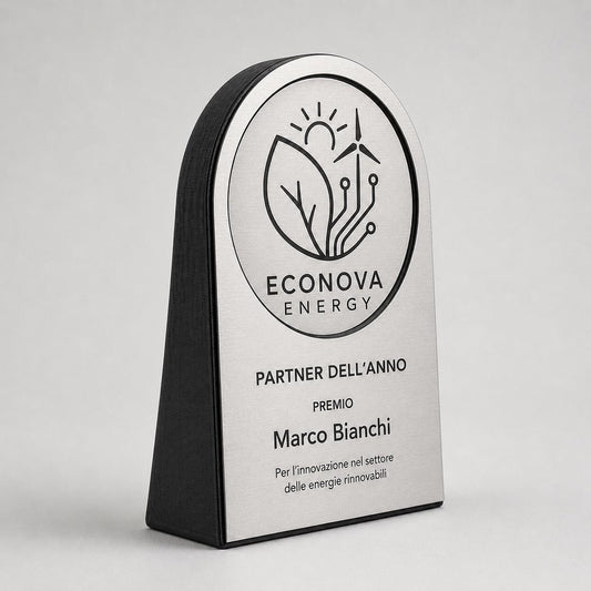 Targa arco Premium Partner Personalizzata Piastra Effetto oro rosa Spazzolato con Borchie Cromate - Insegna da Banco per Bar e Negozi