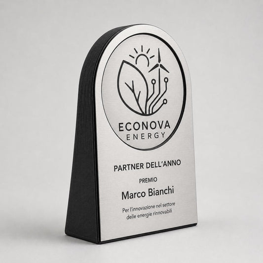 Targa arco Premium Partner Personalizzata Piastra Effetto argento Spazzolato con Borchie Cromate - Insegna da Banco per Bar e Negozi