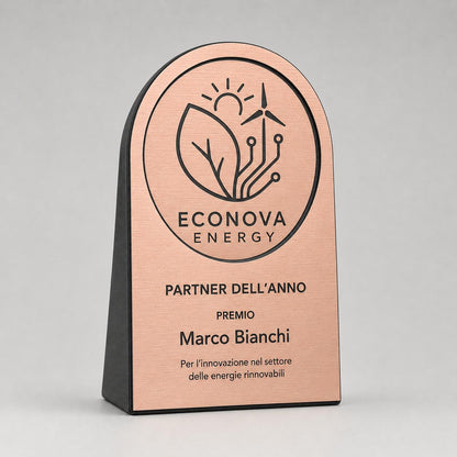 Targa arco Premium Partner Personalizzata Piastra Effetto oro rosa Spazzolato con Borchie Cromate - Insegna da Banco per Bar e Negozi