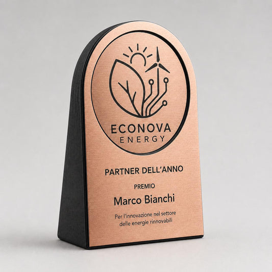 Targa arco Premium Partner Personalizzata Piastra Effetto oro rosa Spazzolato con Borchie Cromate - Insegna da Banco per Bar e Negozi