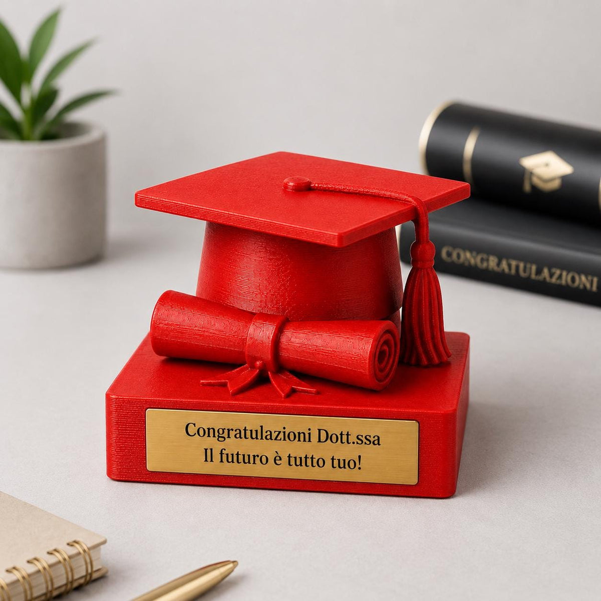 Trofeo Laurea Personalizzato - Statuetta Tocco e Pergamena Stampata 3D Rosso Laurea - Regalo Dottore e Dottoressa 2026