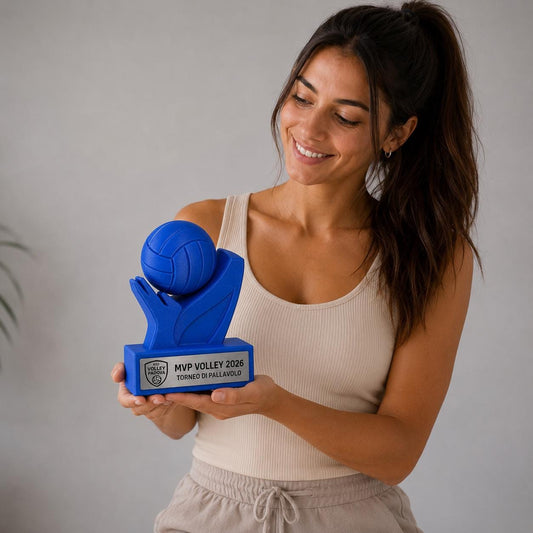 Trofeo Pallavolo Personalizzato - Statuetta Volley MVP Stampata 3D Blu Base con Targa Effetto Acciaio Premio Torneo e Miglior Giocatore 2026