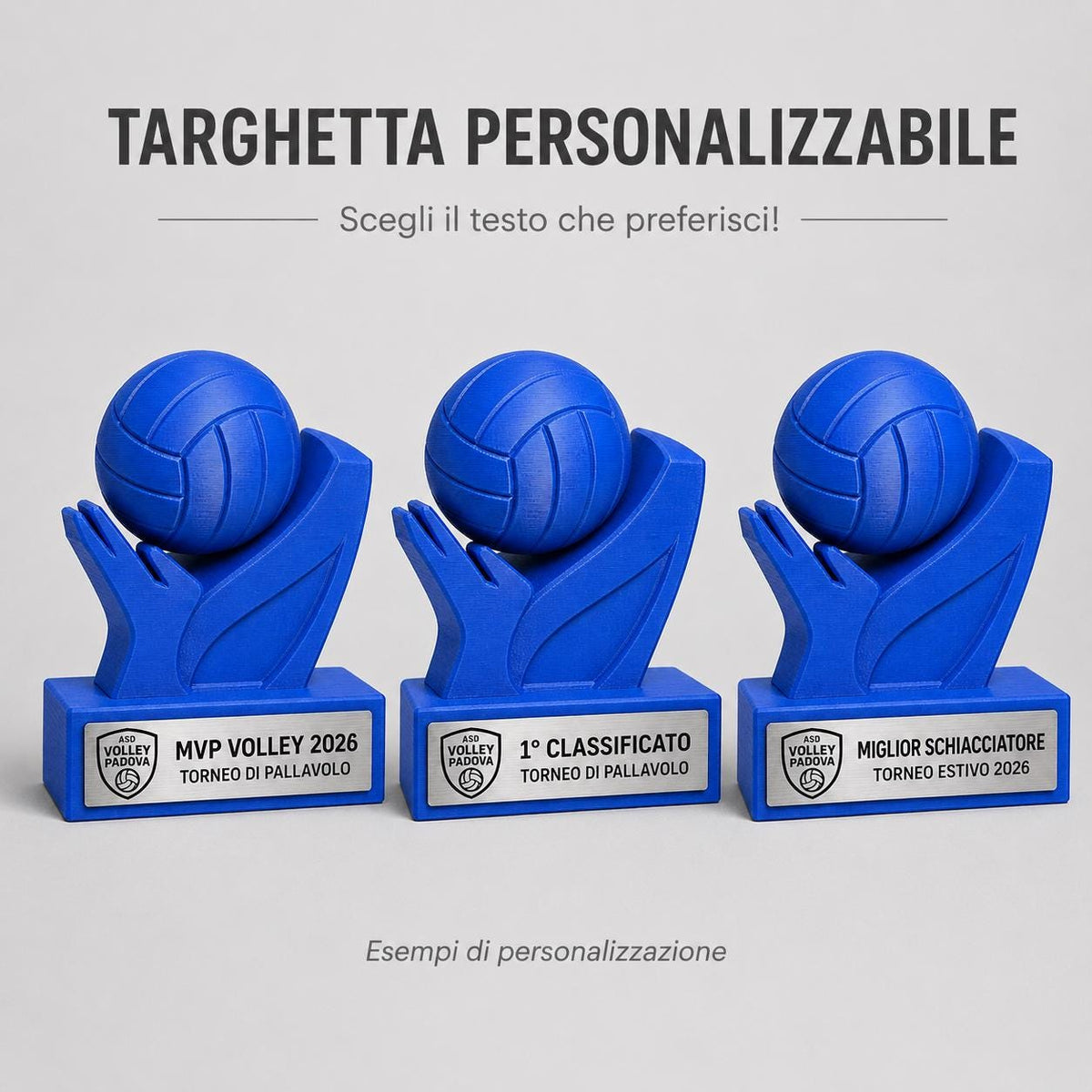 Trofeo Pallavolo Personalizzato - Statuetta Volley MVP Stampata 3D Blu Base con Targa Effetto Acciaio Premio Torneo e Miglior Giocatore 2026