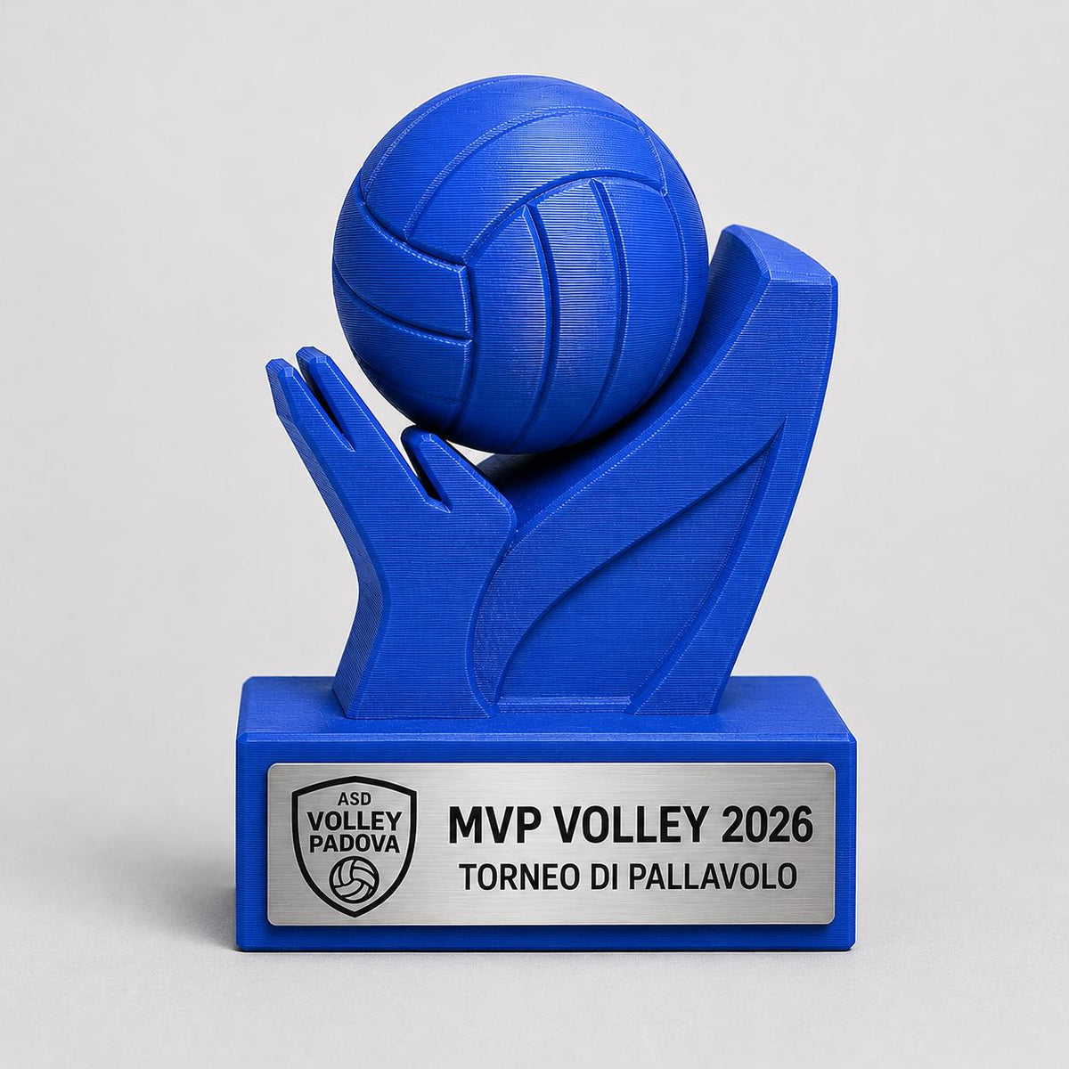 Trofeo Pallavolo Personalizzato - Statuetta Volley MVP Stampata 3D Blu Base con Targa Effetto Acciaio Premio Torneo e Miglior Giocatore 2026