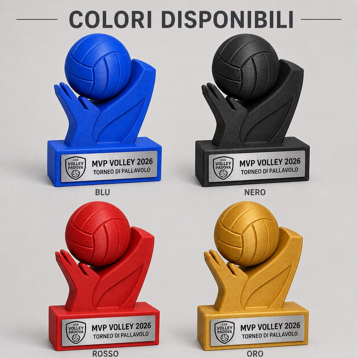 Trofeo Pallavolo Personalizzato - Statuetta Volley MVP Stampata 3D Blu Base con Targa Effetto Acciaio Premio Torneo e Miglior Giocatore 2026
