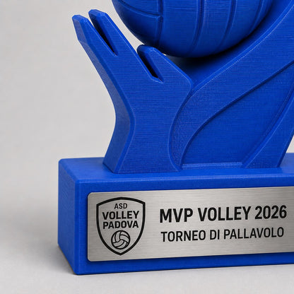Trofeo Pallavolo Personalizzato - Statuetta Volley MVP Stampata 3D Blu Base con Targa Effetto Acciaio Premio Torneo e Miglior Giocatore 2026