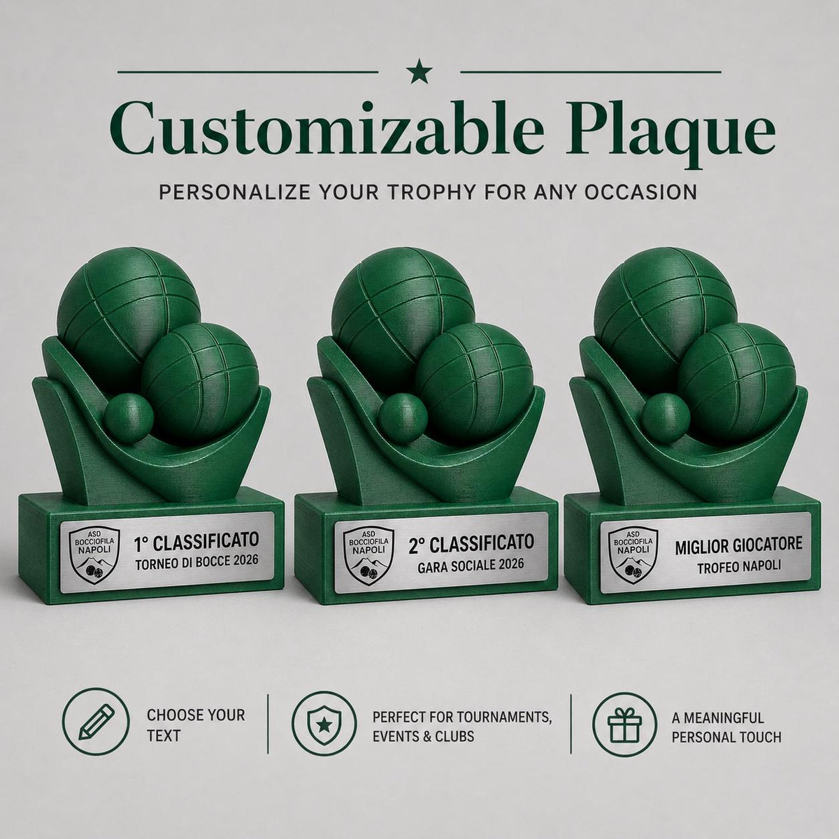Trofeo bocce Personalizzato - Statuetta bocce MVP Stampata 3D Base con Targa Effetto Acciaio Premio Torneo e Miglior Giocatore 2026
