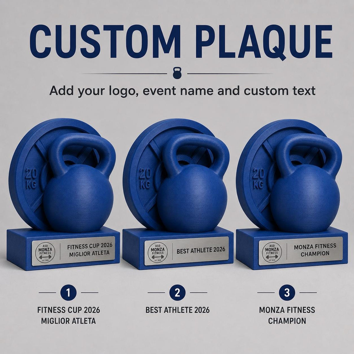 Trofeo Fitness Personalizzato - Statuetta Kettlebell e Disco ghisa Stampata 3D Blu Premio Gara Crossfit e Bodybuilding 2026